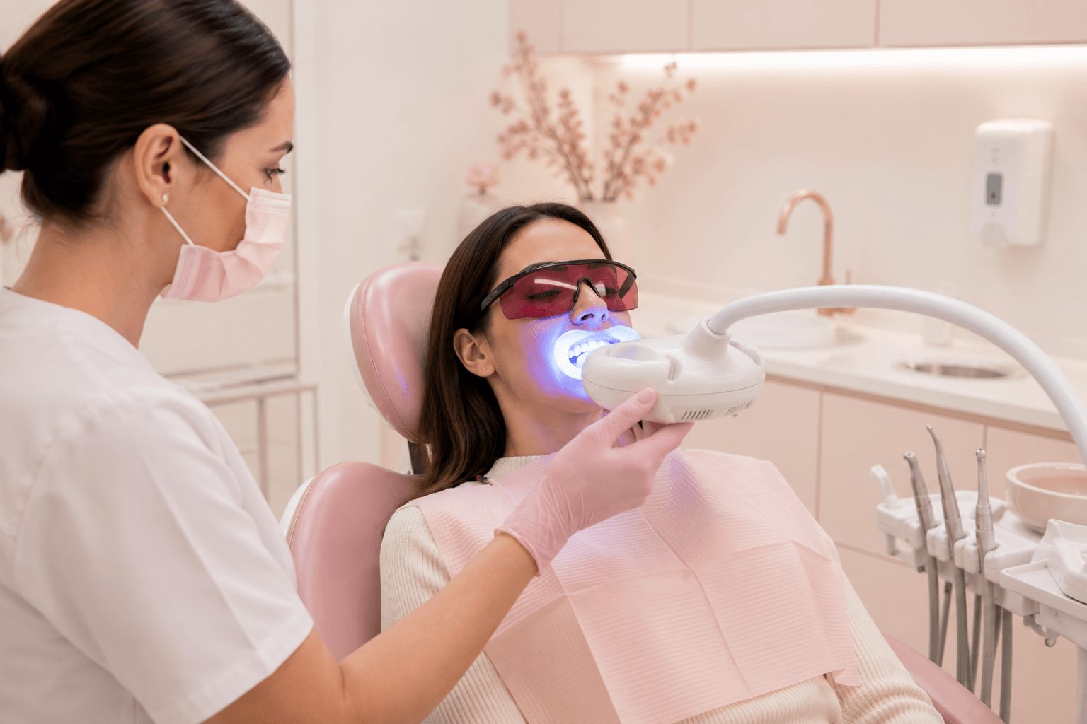 A patient receiving professional teeth whitening with an accelerating light and protective eyewear